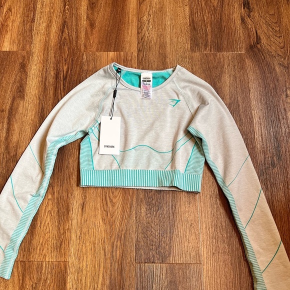 GYMSHARK Vital Size Small Women Seamless Strech Grey Aqua Sportswear Crop Top - Picture 1 of 7